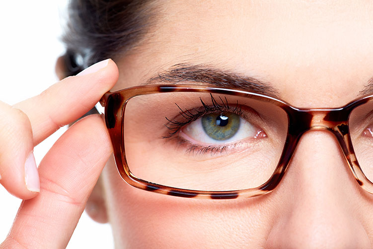 women close up eyeglasses frame